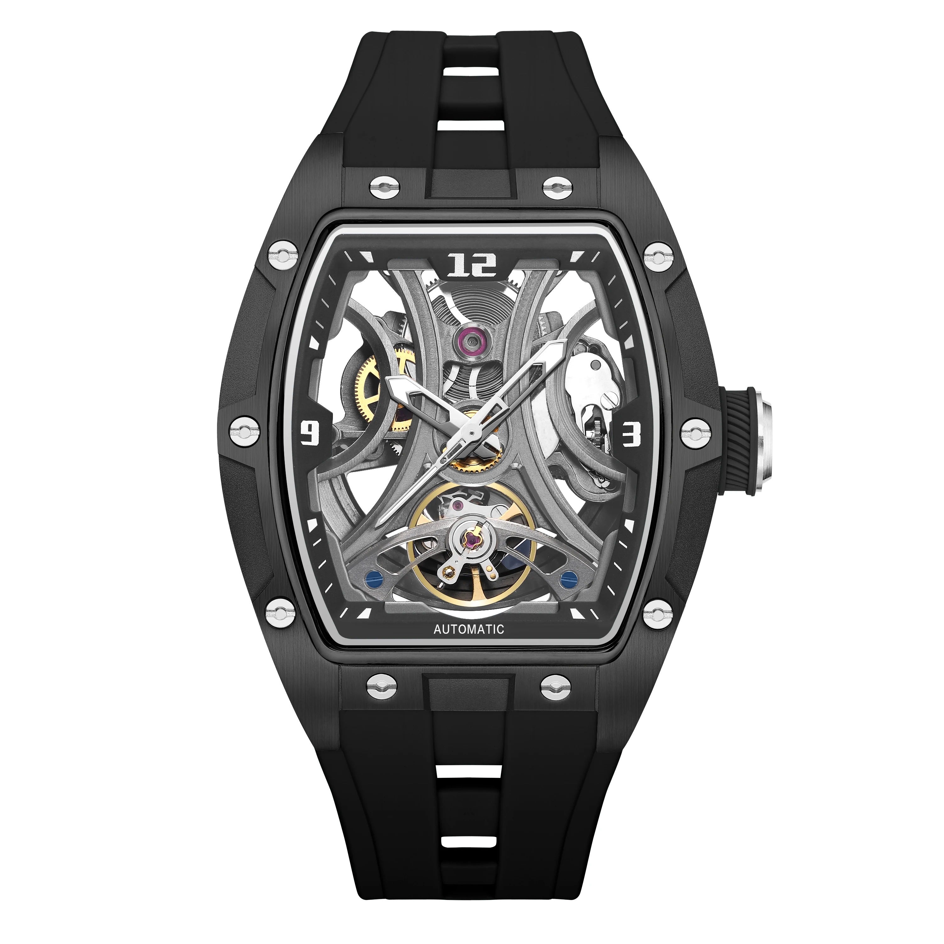 MEGIR 2245 Black Wine Barrel Tourbillon Automatic Watch – Luxury, Hollow Dial, Waterproof, Luminous