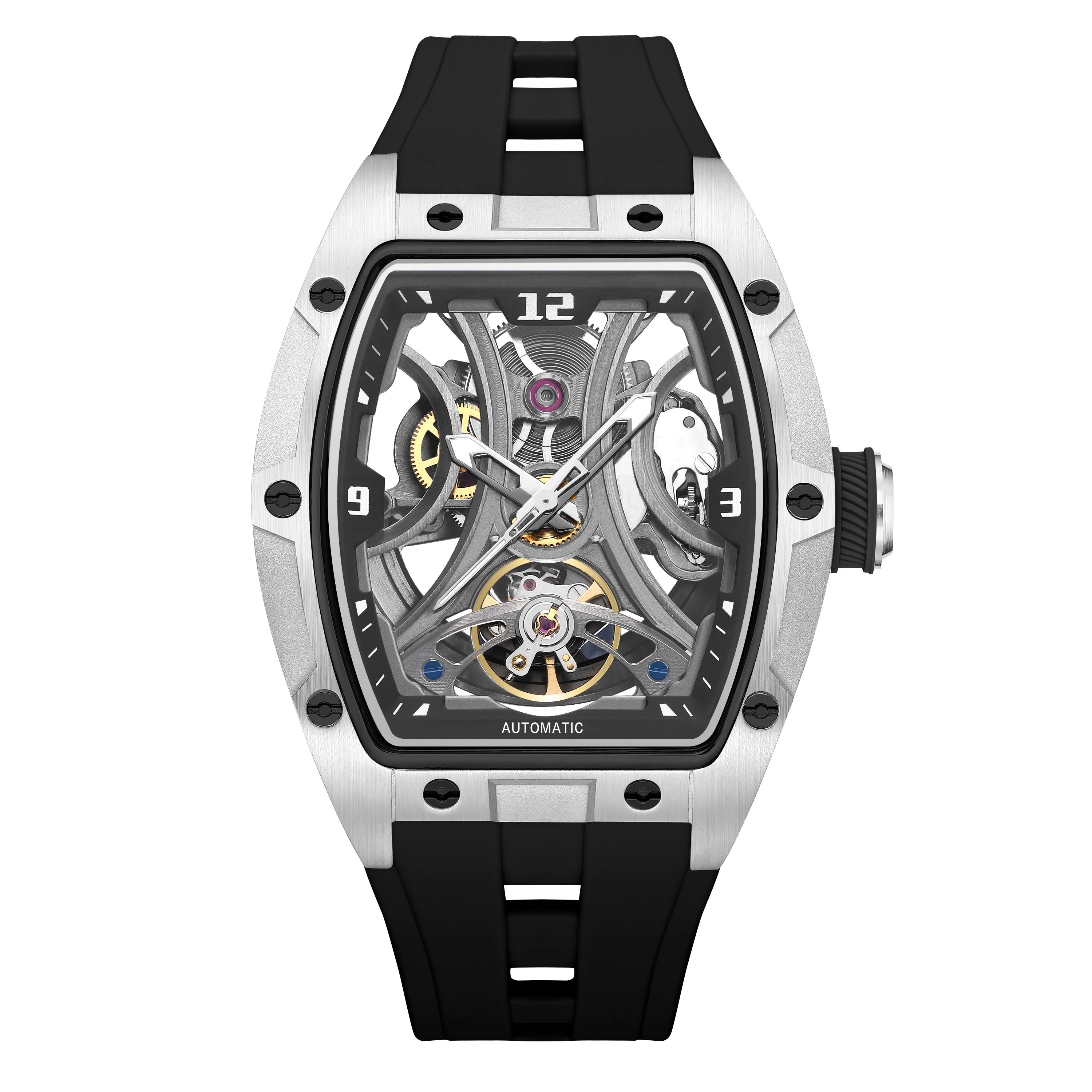 MEGIR 2245 Black Wine Barrel Tourbillon Automatic Watch – Luxury, Hollow Dial, Waterproof, Luminous